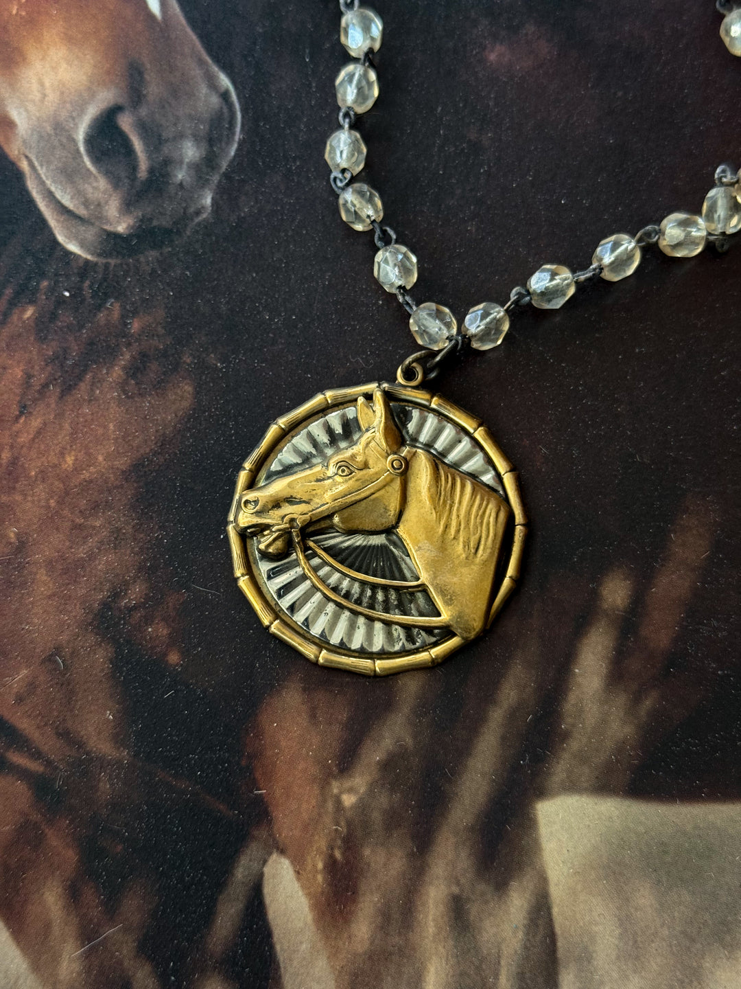 Horse Head Brass Patina Beaded Necklace