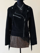 Black suede western fringe jacket with zipper and leopard print skirt, boho cowgirl style