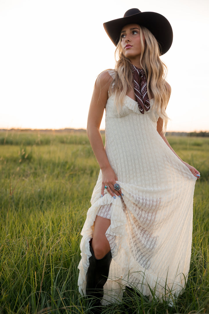 Ivory Lace Ruffle Maxi Dress