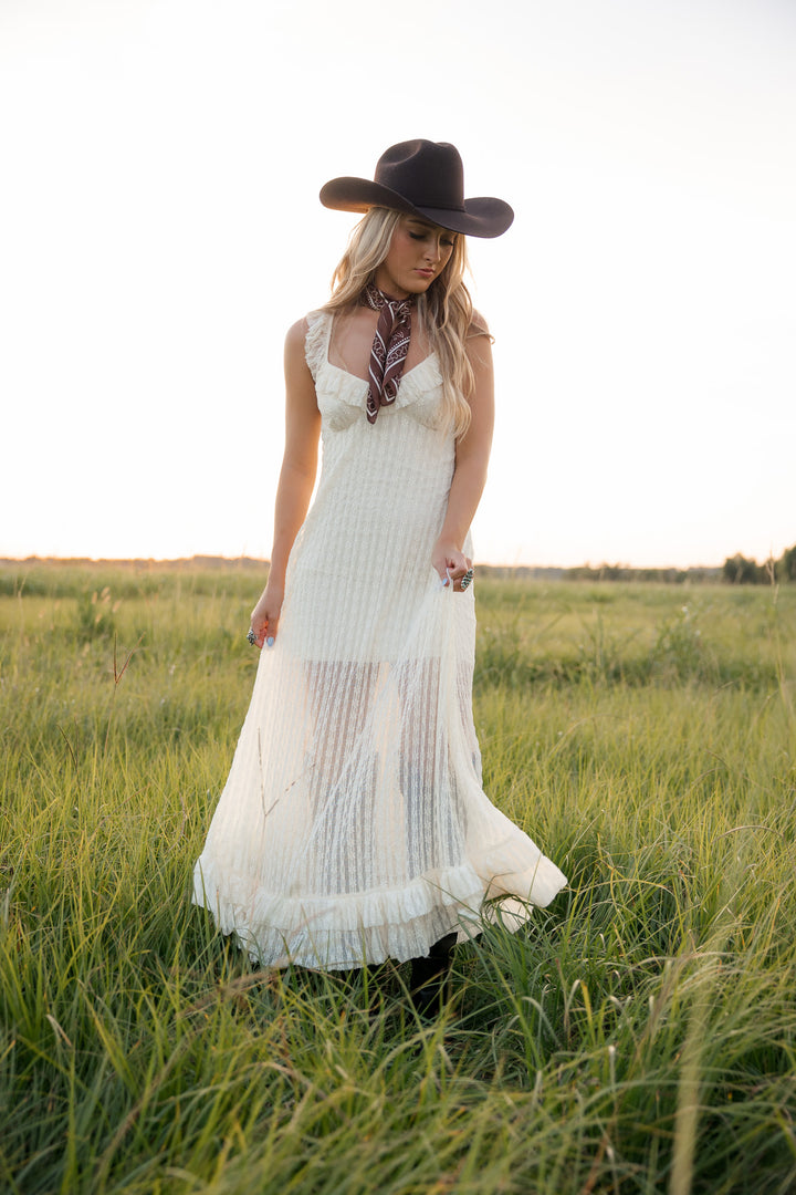Ivory Lace Ruffle Maxi Dress