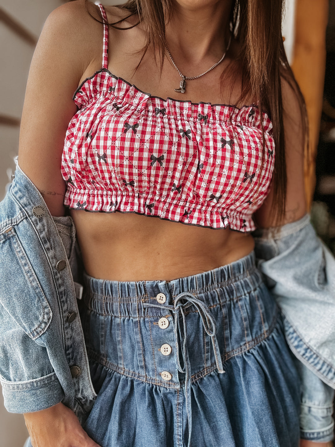 Red Gingham Bow Bralette Top