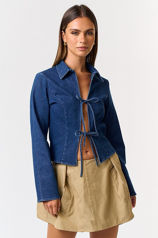 The Collared Denim Tie Front Top