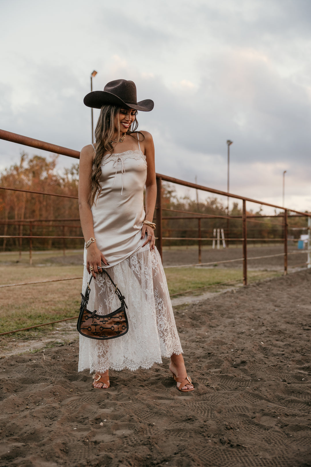 Champagne Satin Lace Maxi Dress