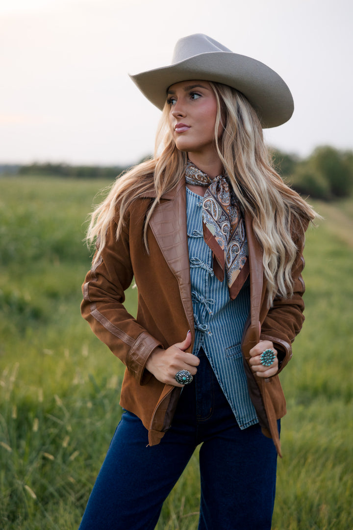 Denim Pinstripe Lace-Up Vest