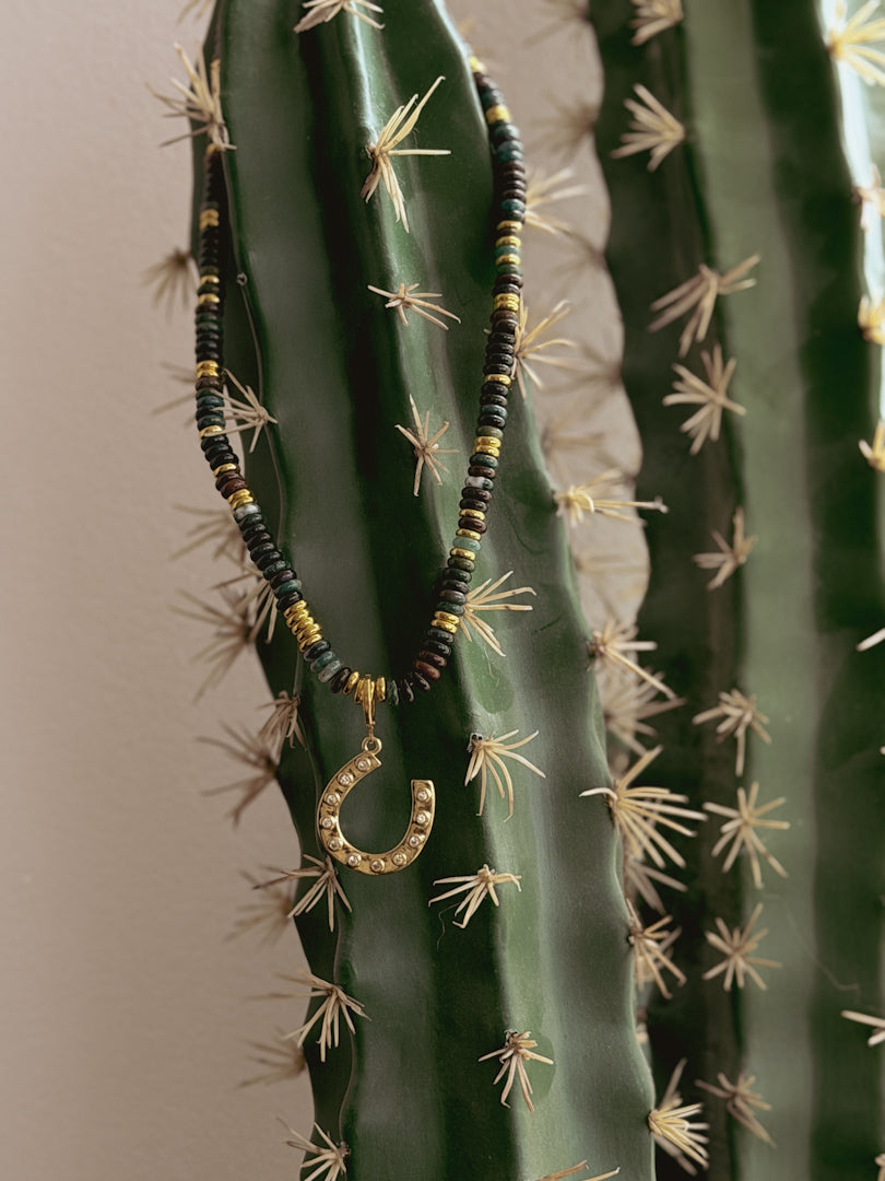Western boho beaded necklace with gold horseshoe pendant on cactus