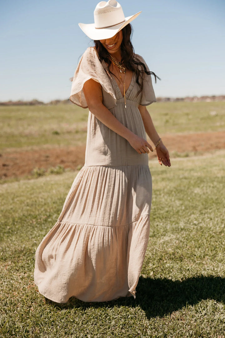 Taupe Flutter Sleeve Tiered Maxi Dress