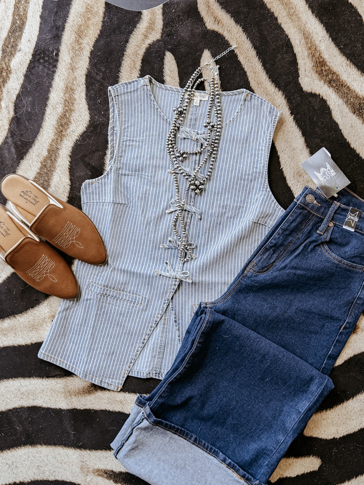 Denim Pinstripe Lace-Up Vest