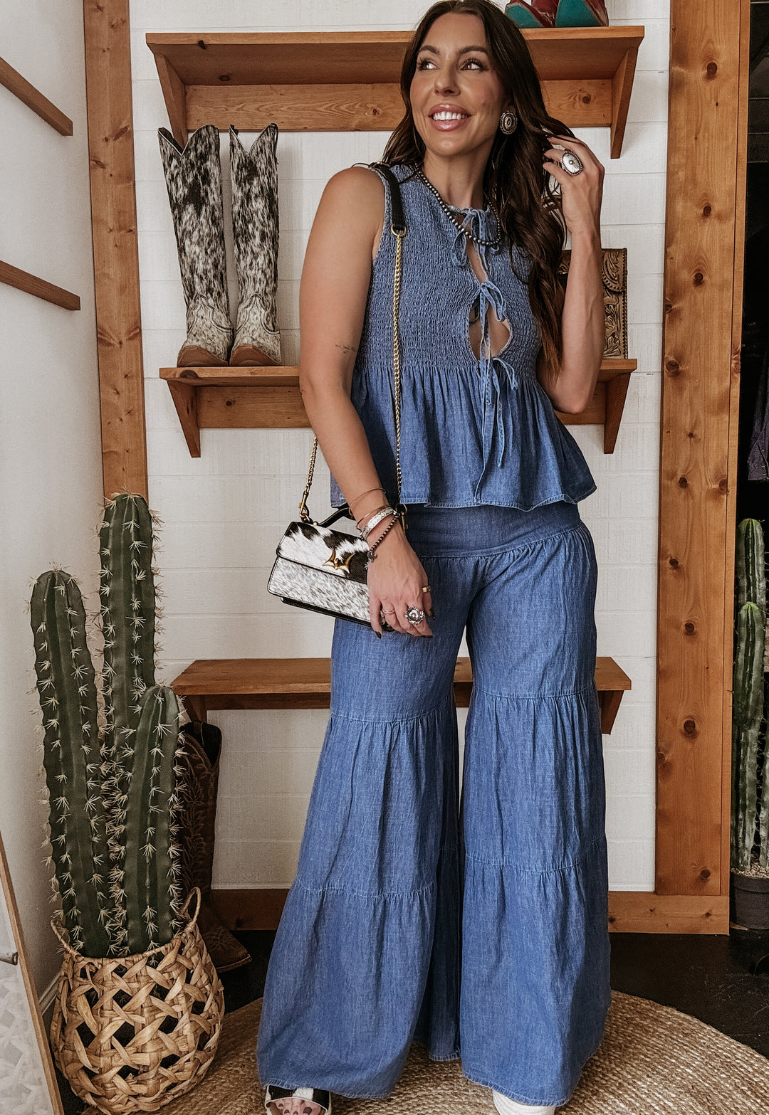 Denim Two-Piece Smocked Tie Top & Tiered Pants Set