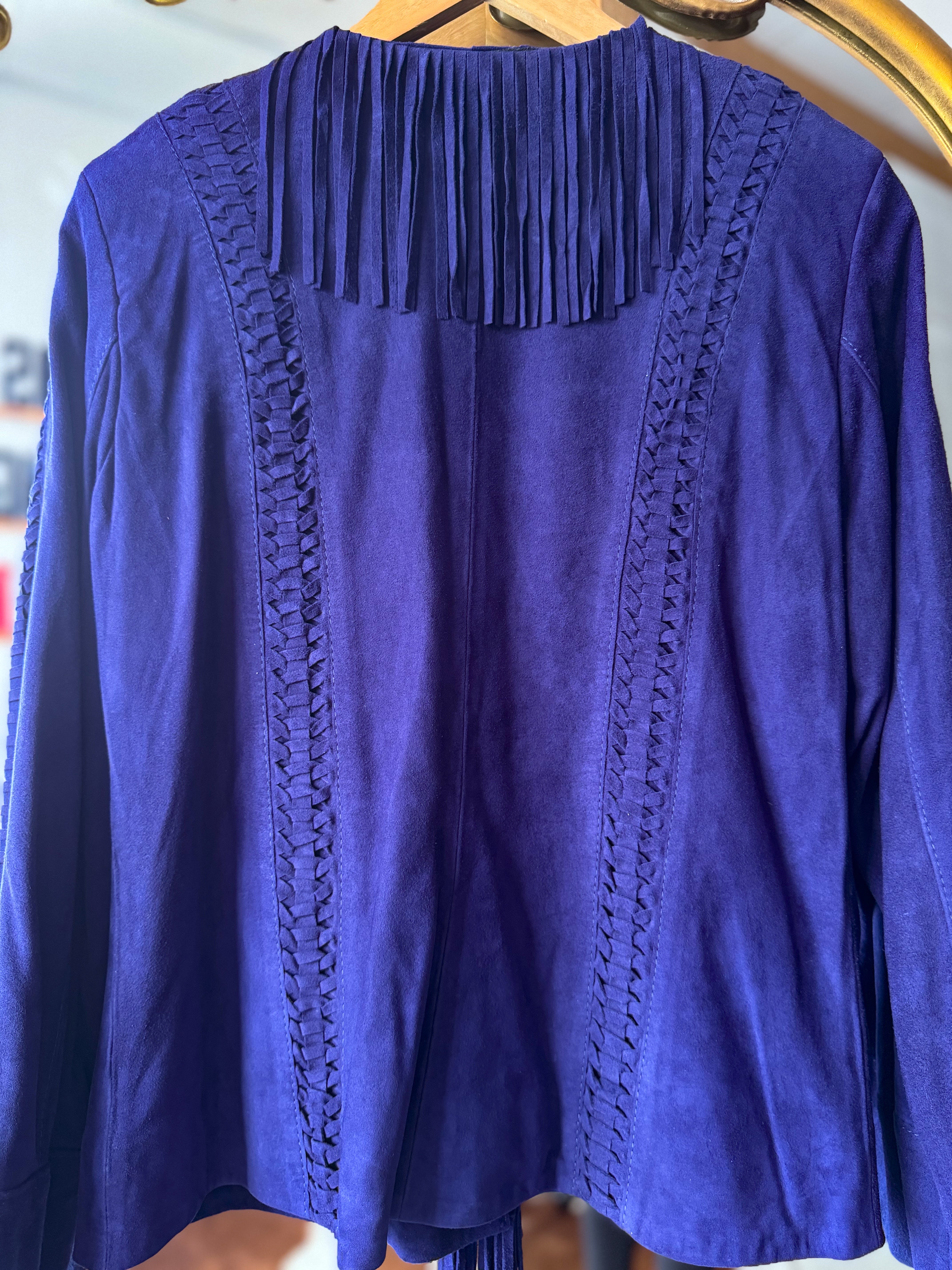 Purple suede western jacket with fringe and braided detailing, boho cowgirl style