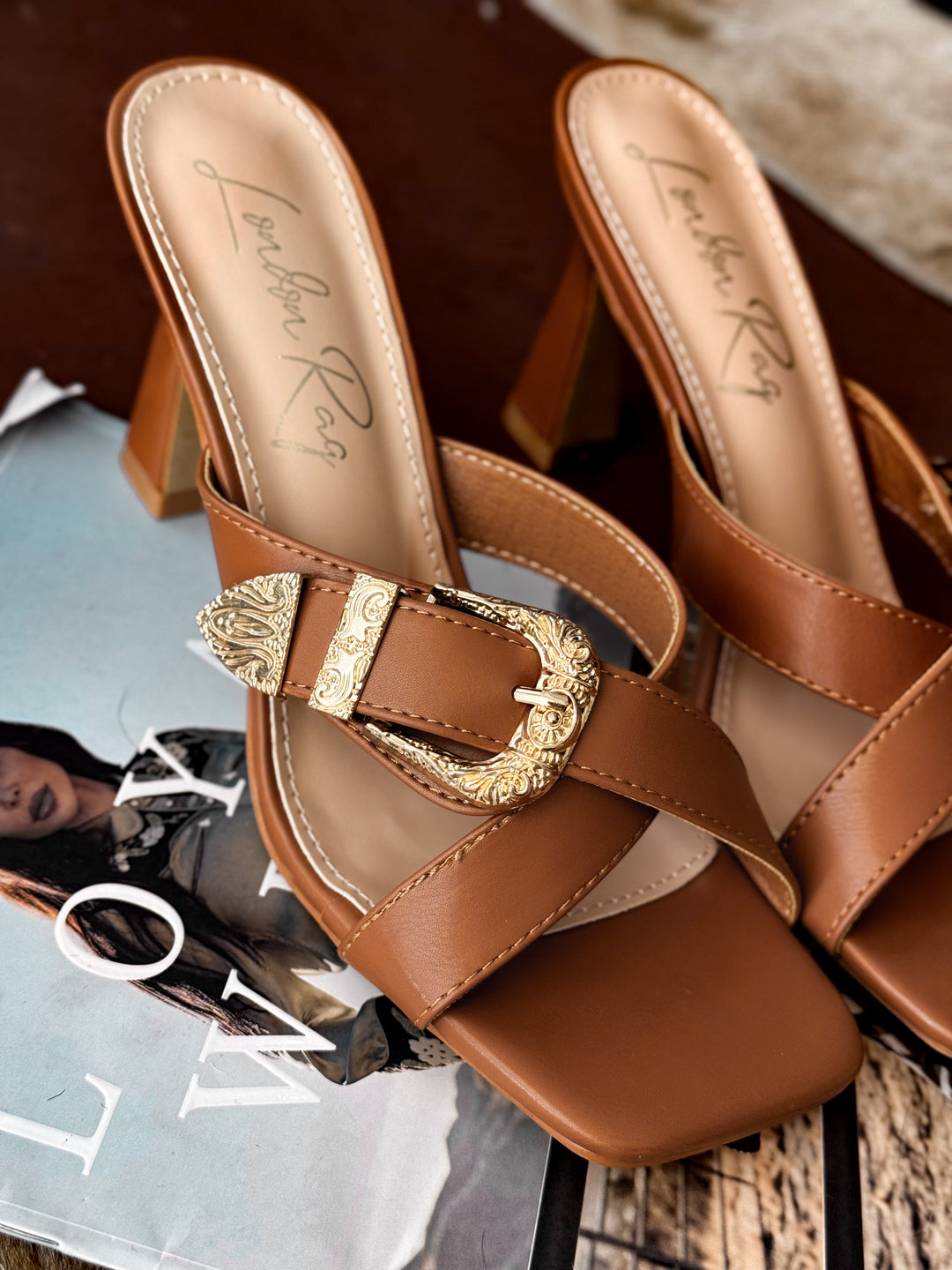 Metalic Buckle Heels - Tan