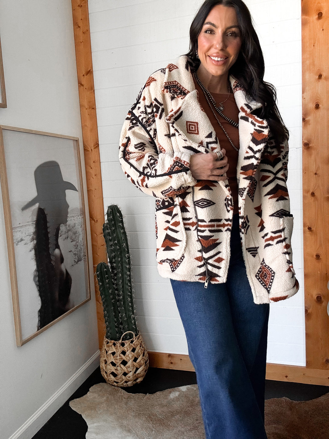 Geo-print Sherpa Fleece Zip-up - Cream