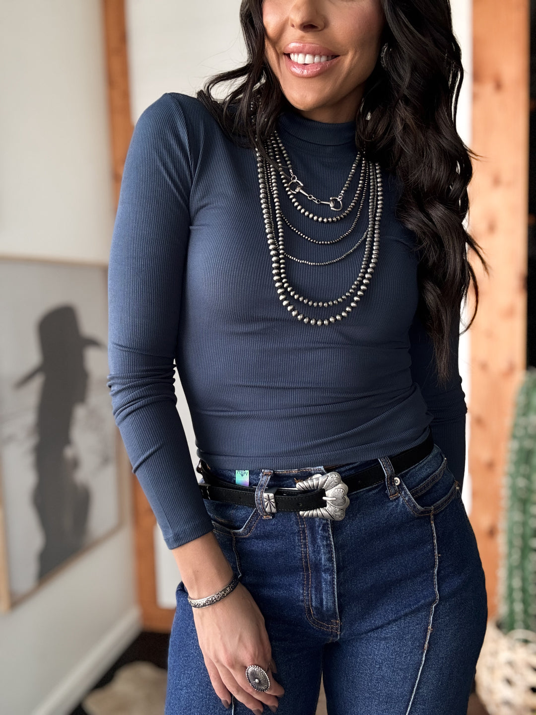 Jersey de cuello alto de manga larga acanalado - Azul marino medianoche