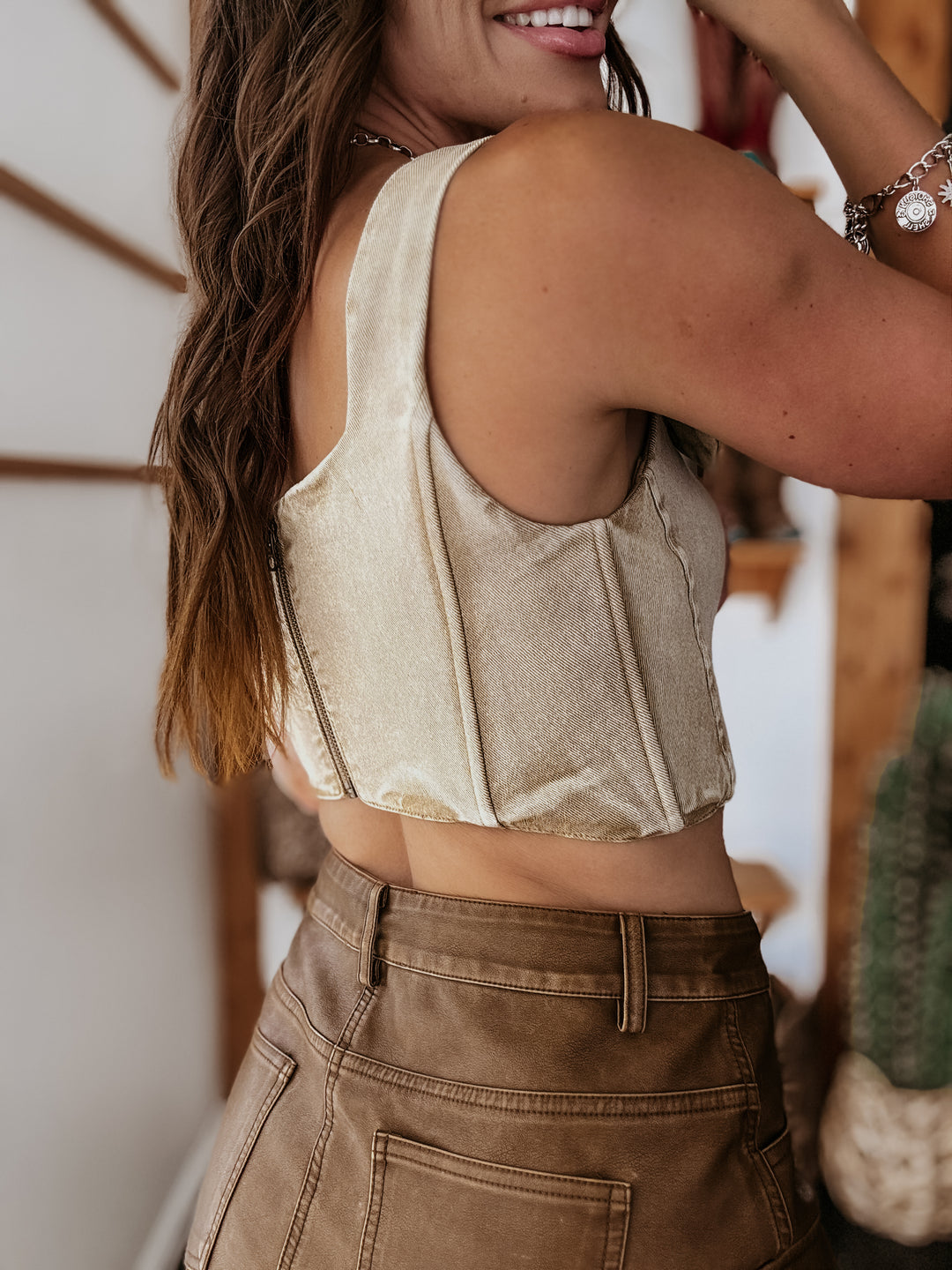 Western Buckle Strap Denim Corset Top