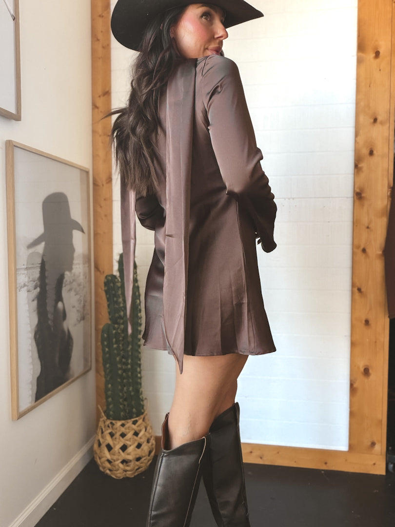 Woman in brown western mini dress, black cowboy hat and boots, standing indoors by cactus
