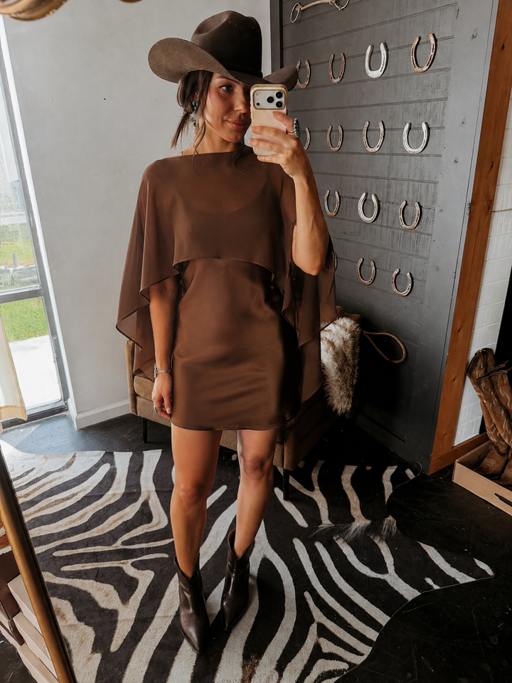 Brown Satin Cape Dress PRE ORDER 9/30