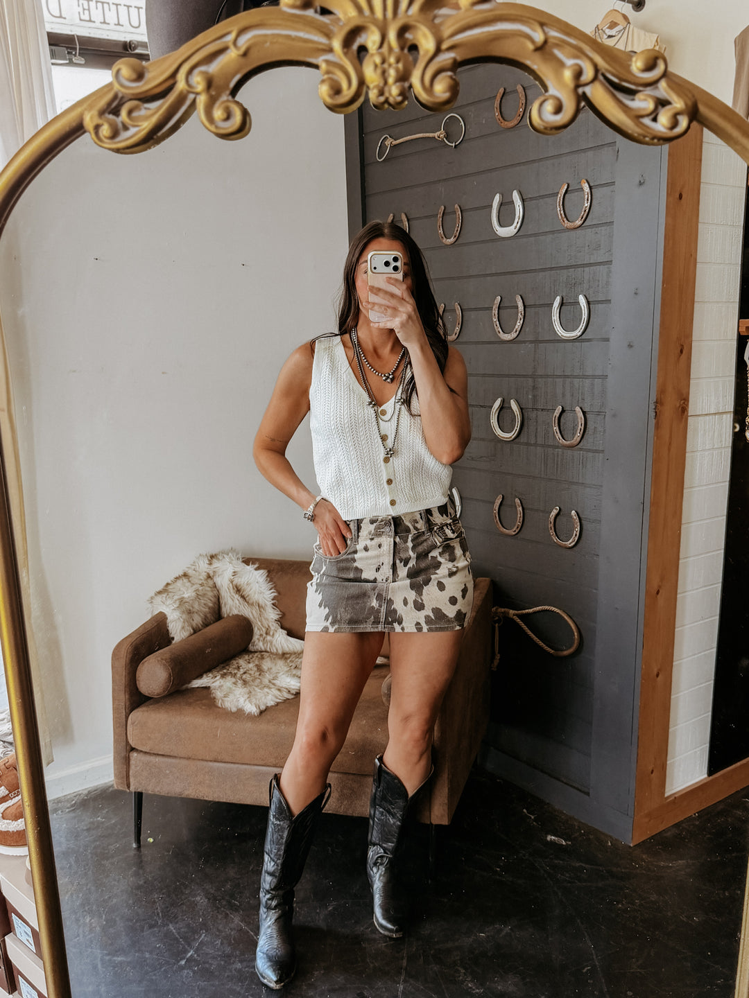 Cow Print Denim Mini Skirt