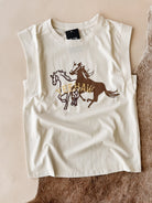 Western graphic sleeveless top with running horses and 'YEEHAW' text on neutral background