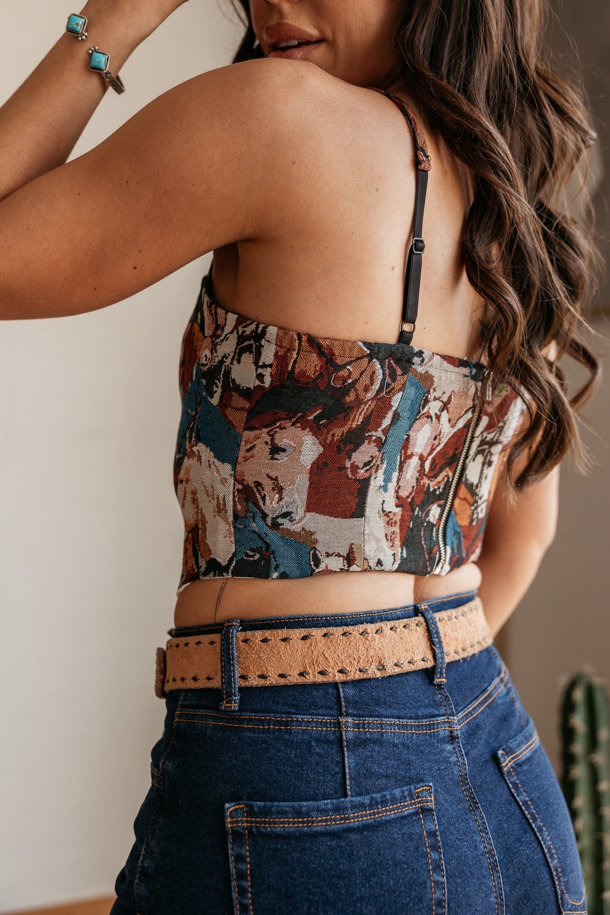 back view of western corset top with horse pattern and spaghetti straps