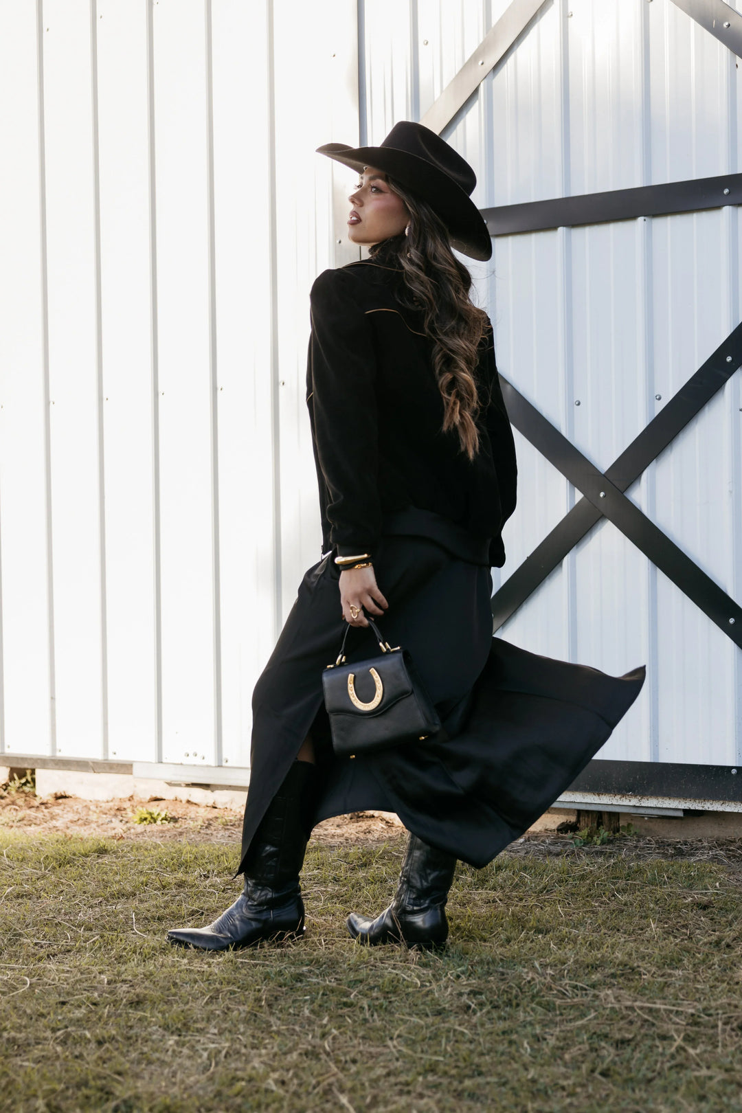 long black dress with cowboy boots Black Satin Maxi Skirt