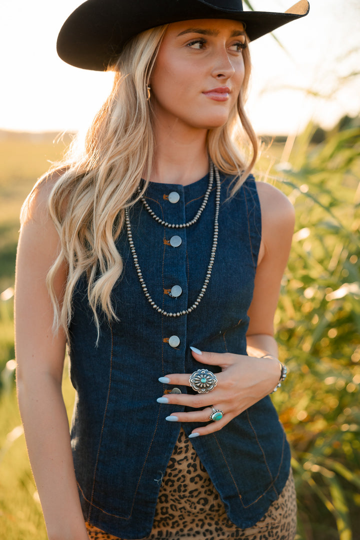 Dark Wash Split Hem Button Front Denim Vest
