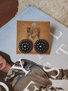 Burnished silver circular concho stud earrings with bubble texture detailing, made from lightweight metal. Post-back style, nickel free