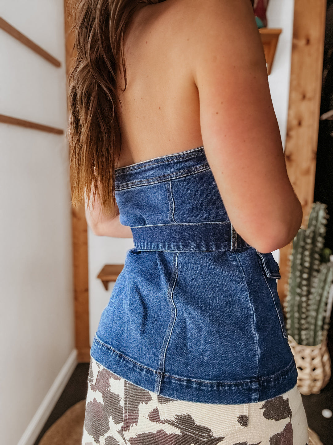 Western Buckle Strapless Denim Bustier Top