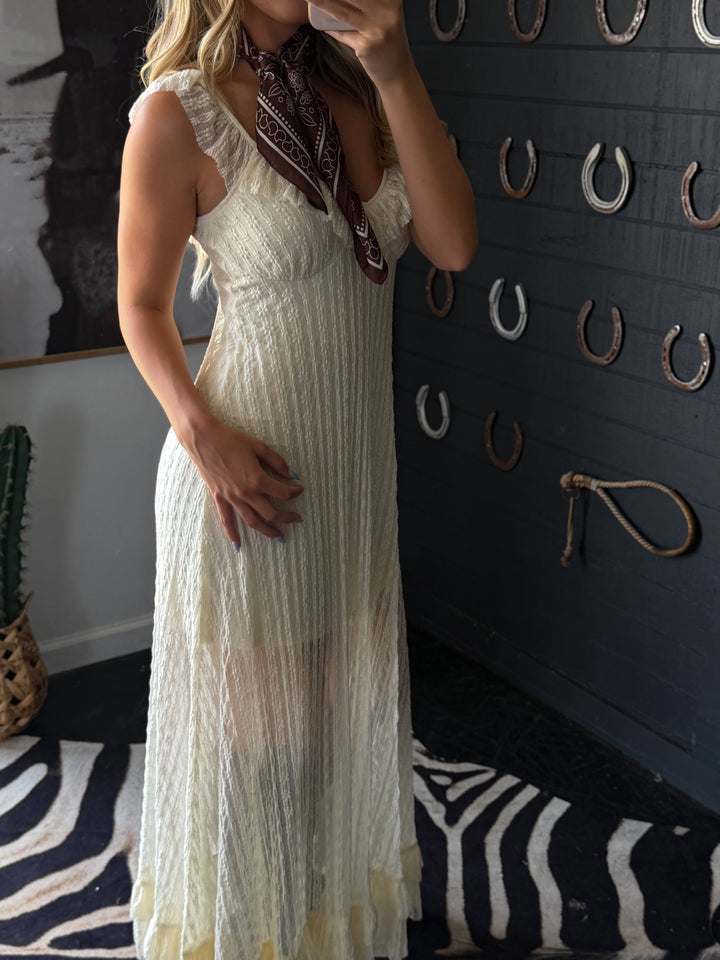 Ivory Lace Ruffle Maxi Dress