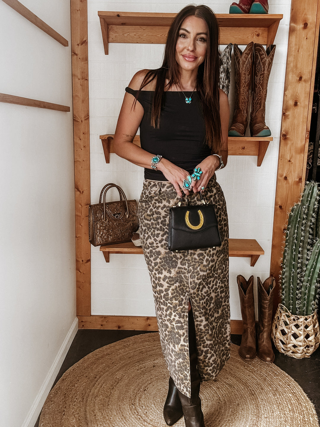 Leopard Print Denim Midi Skirt