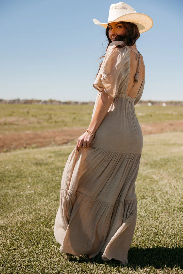 Taupe Flutter Sleeve Tiered Maxi Dress