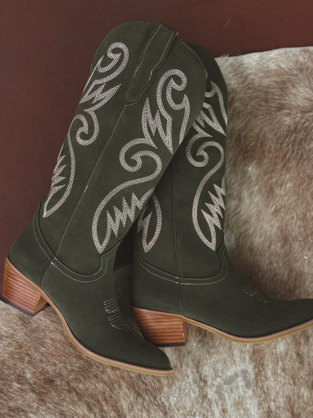 Olive Suede Embroidered Cowgirl Boots