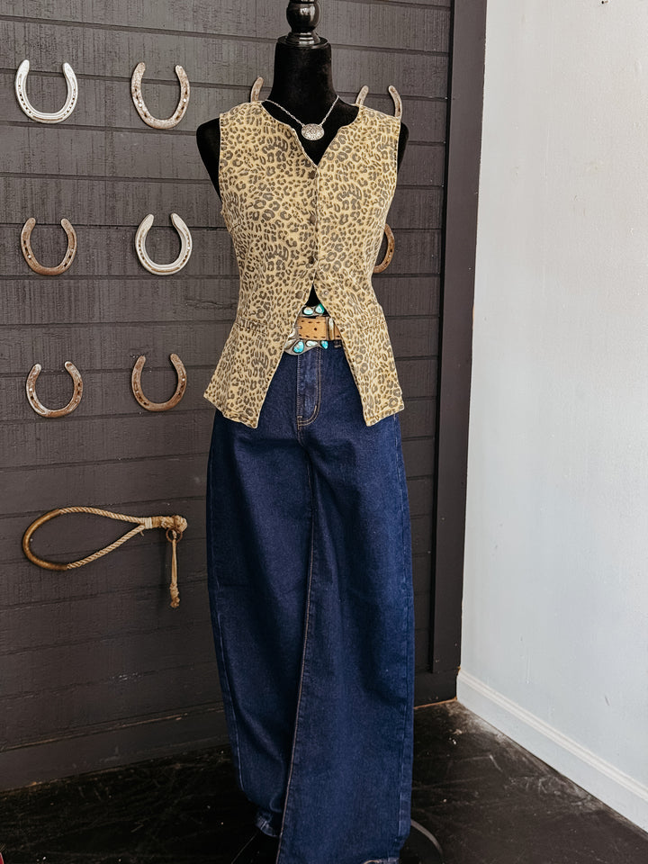Leopard Denim Snap Button Vest
