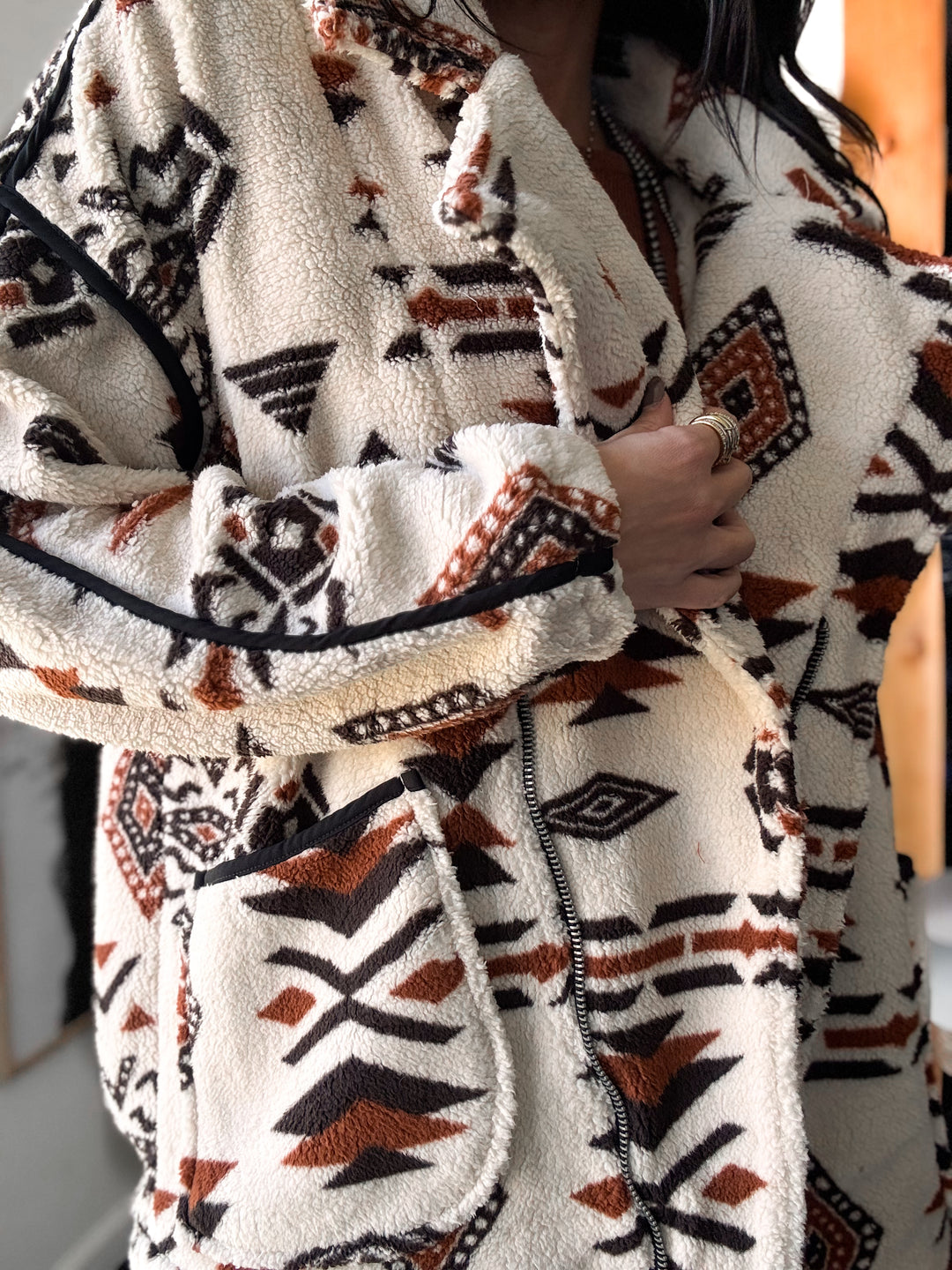 Geo-print Sherpa Fleece Zip-up - Cream