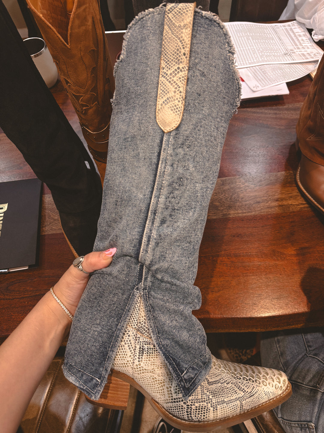 Dingo Shabby Denim & Lizard Embossed Western Boots