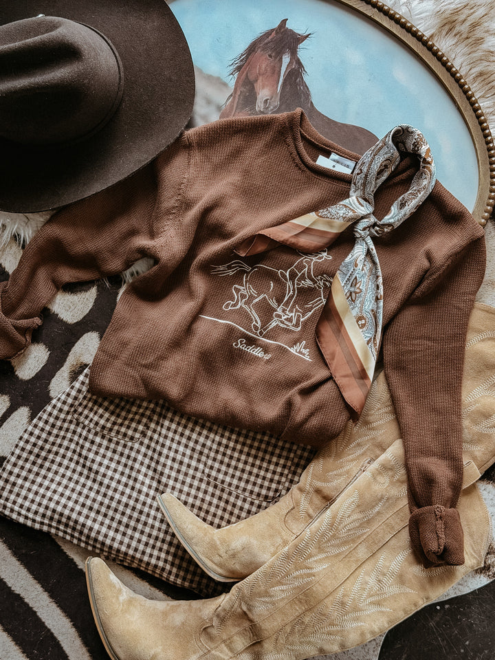 Embroidered Saddle Up Sweater- Brown