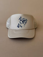 Beige western trucker hat with cowboy riding horse and 'Yee Haw' graphic on front panel.