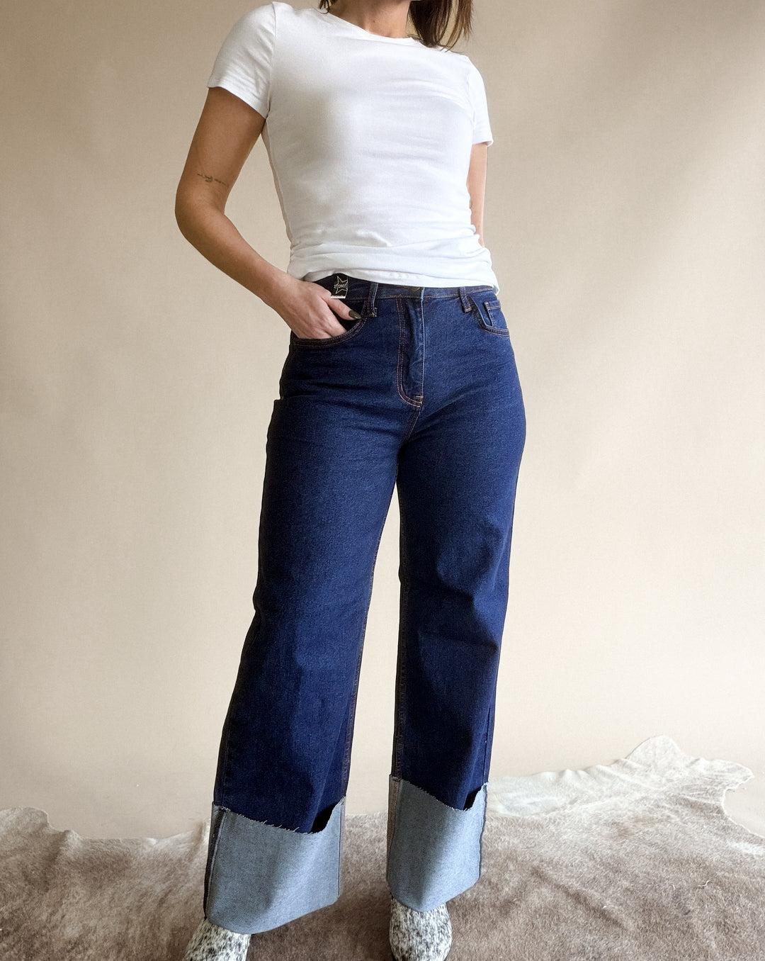 High Rise Wide Leg Cuffed Western Jeans