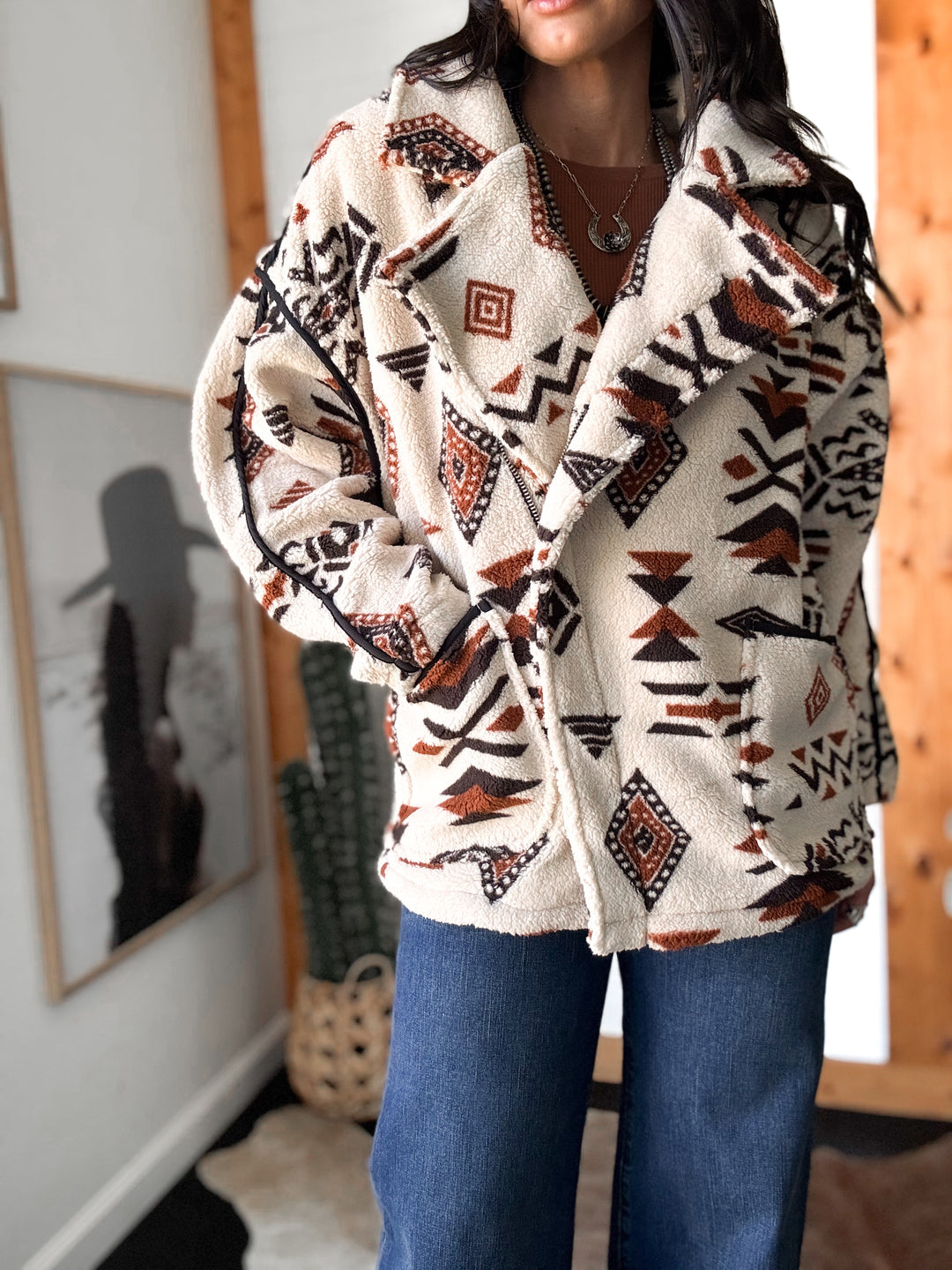 Geo-print Sherpa Fleece Zip-up - Cream