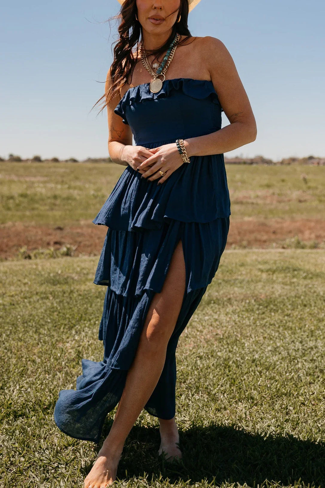 Navy Strapless Tiered Maxi Dress