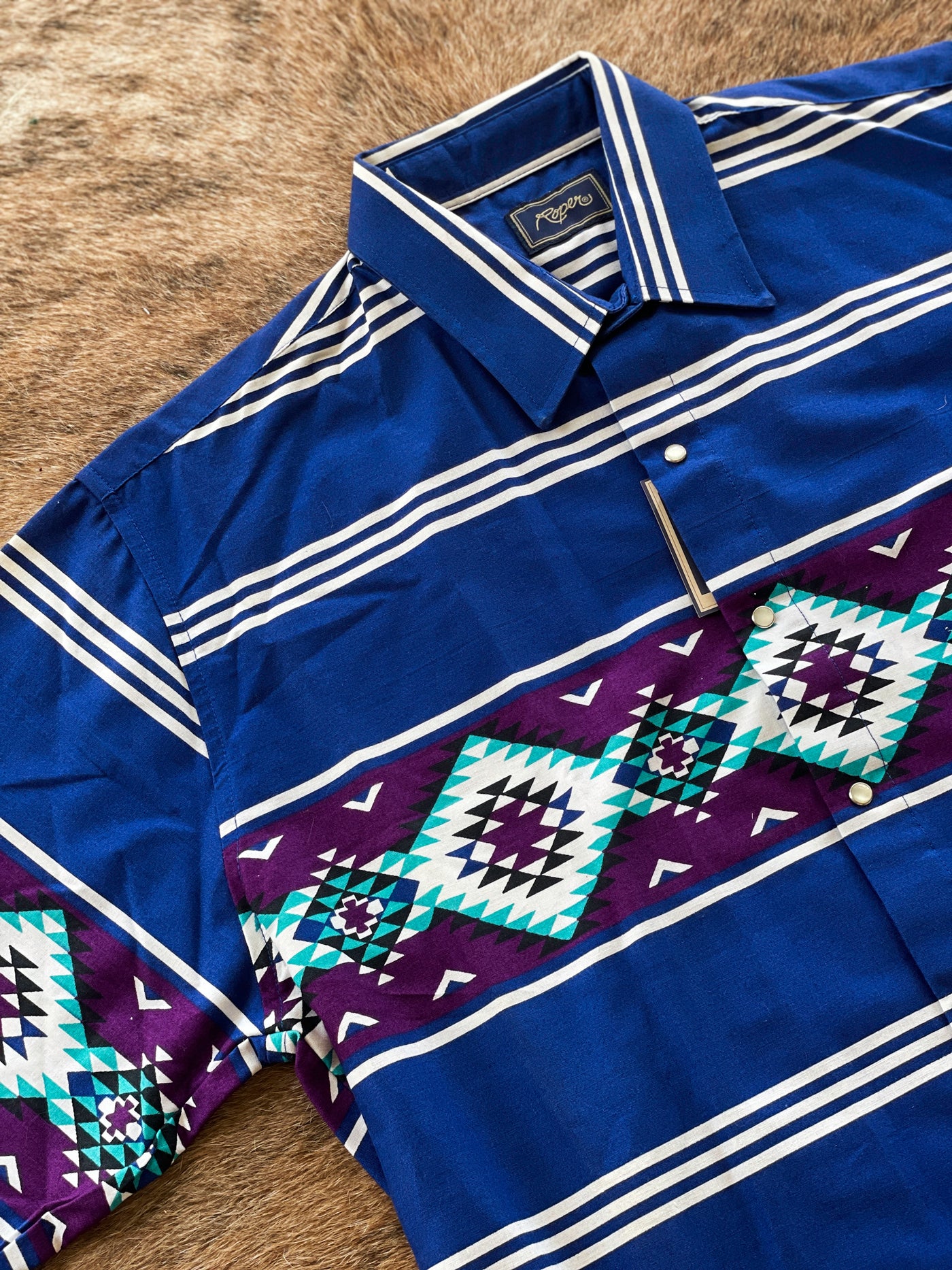 Vintage Roper Shirt Mens Large Aztec Blue Pearl Snap