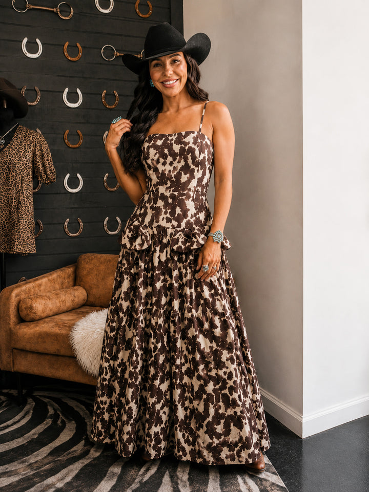 Cow Print Drop Waist Maxi Dress PRE ORDER 8/31
