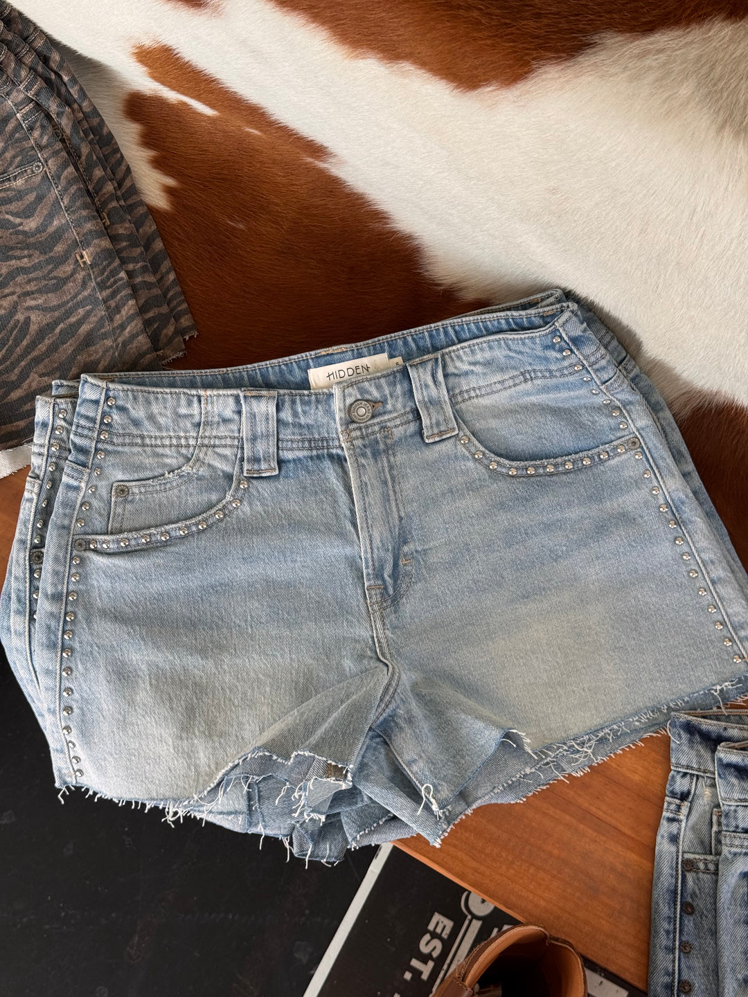 Light Wash Studded High Rise A-Line Shorts