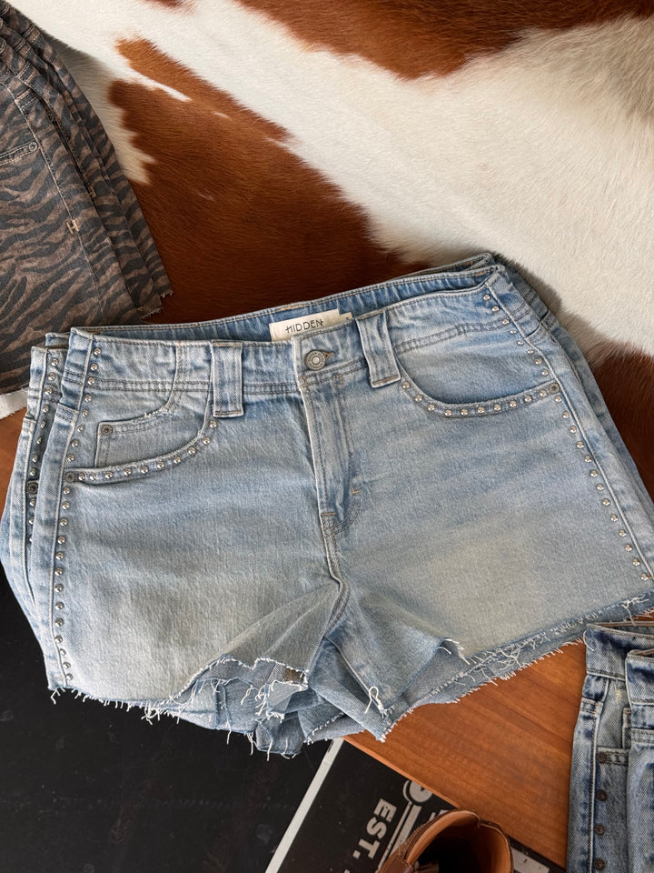 Light Wash Studded High Rise A-Line Shorts
