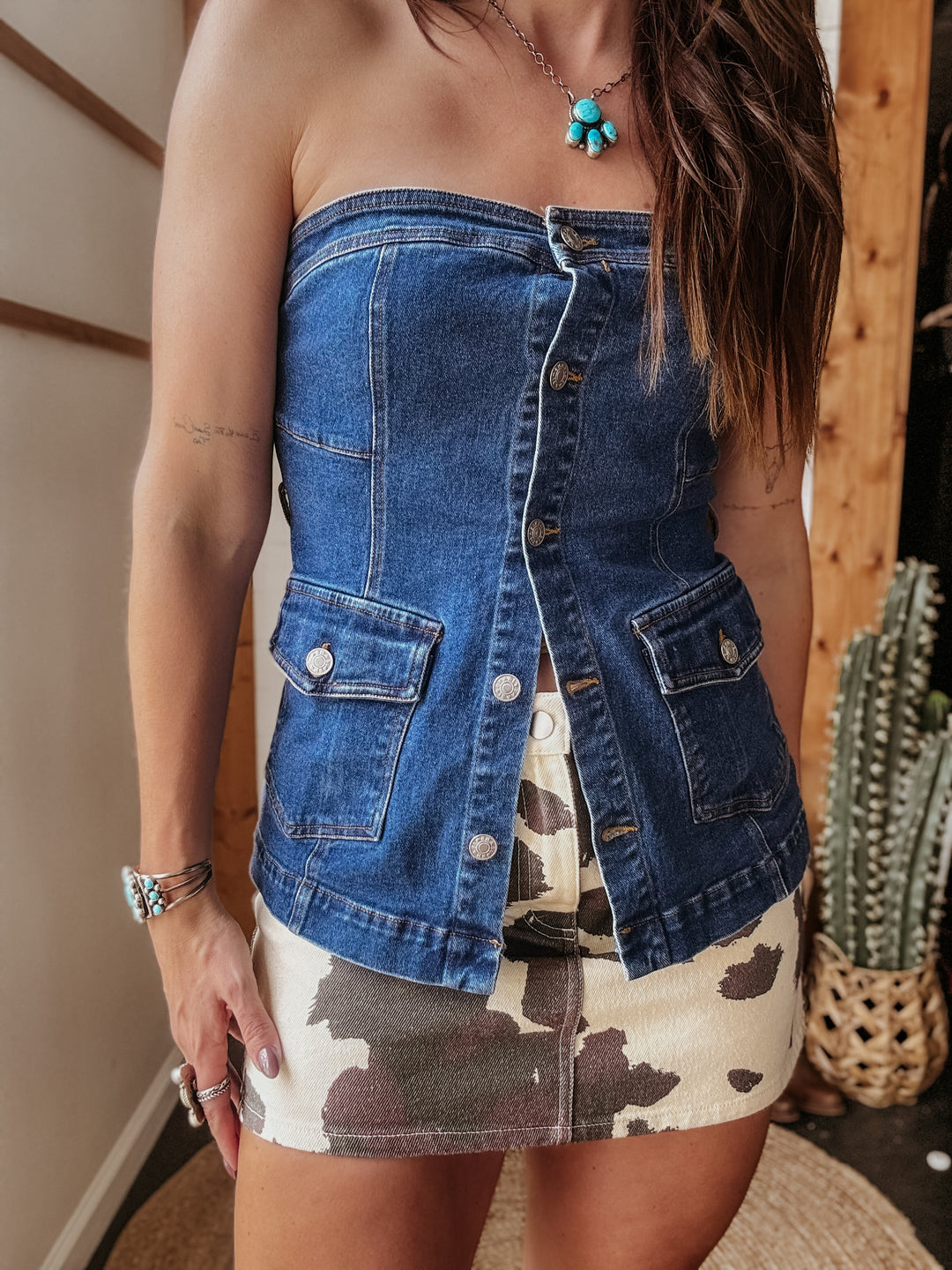 Western Buckle Strapless Denim Bustier Top