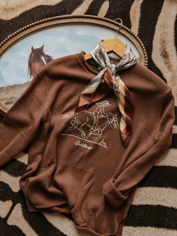 Embroidered Saddle Up Sweater- Brown