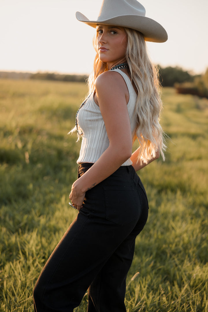 High-Rise Wide Leg Jeans – Black Stretch Denim