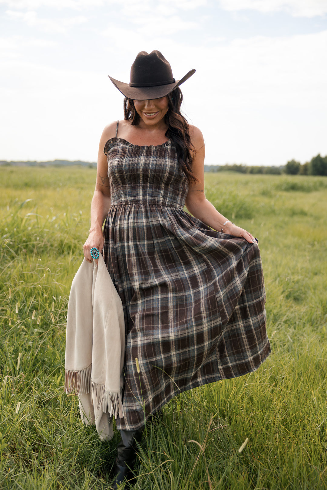 Timber Trail Plaid Smocked Midi Dress PRE ORDER 8/20