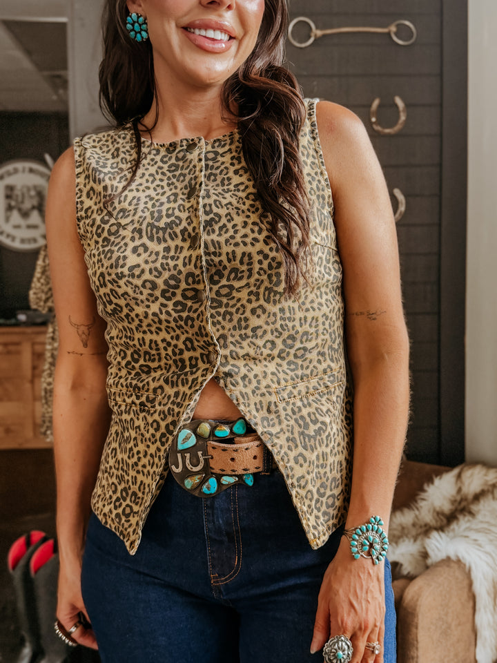 Leopard Denim Snap Button Vest