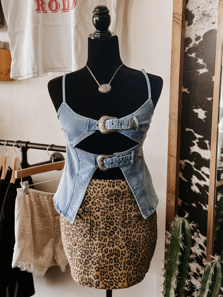 Leopard Denim Mini Skort
