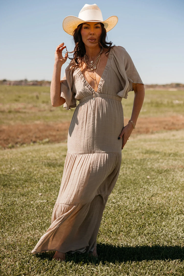 Taupe Flutter Sleeve Tiered Maxi Dress