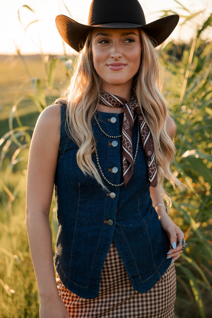 Dark Wash Split Hem Button Front Denim Vest